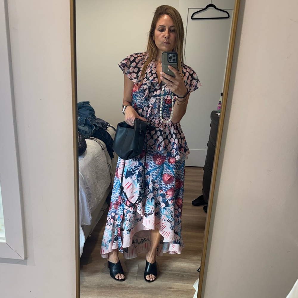 NWT Temperley London Floral Tiered Midi Dress in Pink and Blue